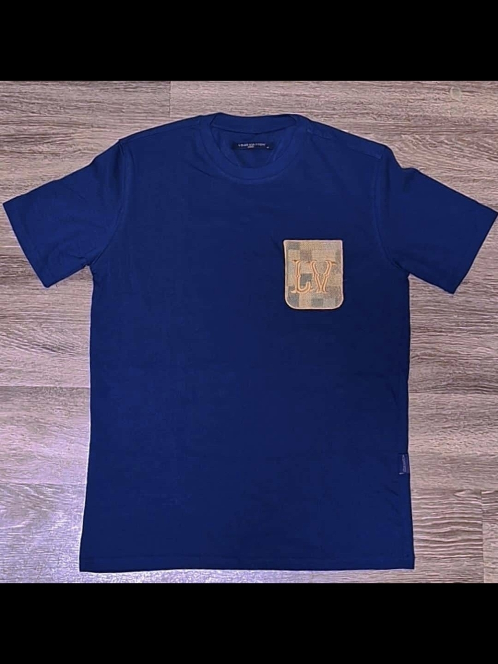 Louis Vuitton Blue Crewneck T-Shirt with Tan Monogram Pocket